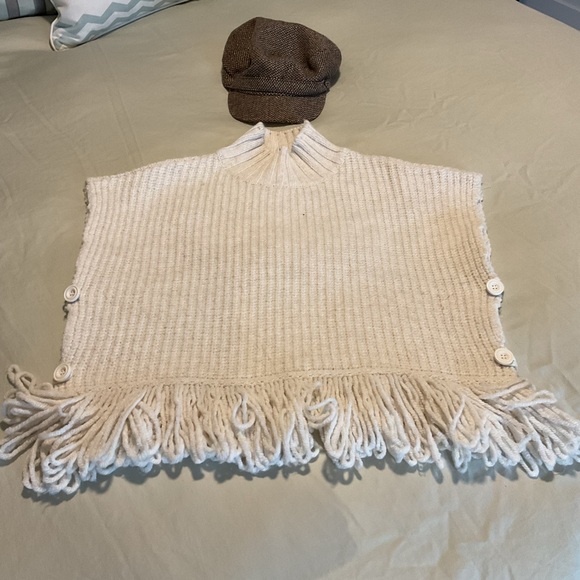 Anthropologie Off White Mock Neck Buttoned Poncho with Fringes. - Picture 4 of 9